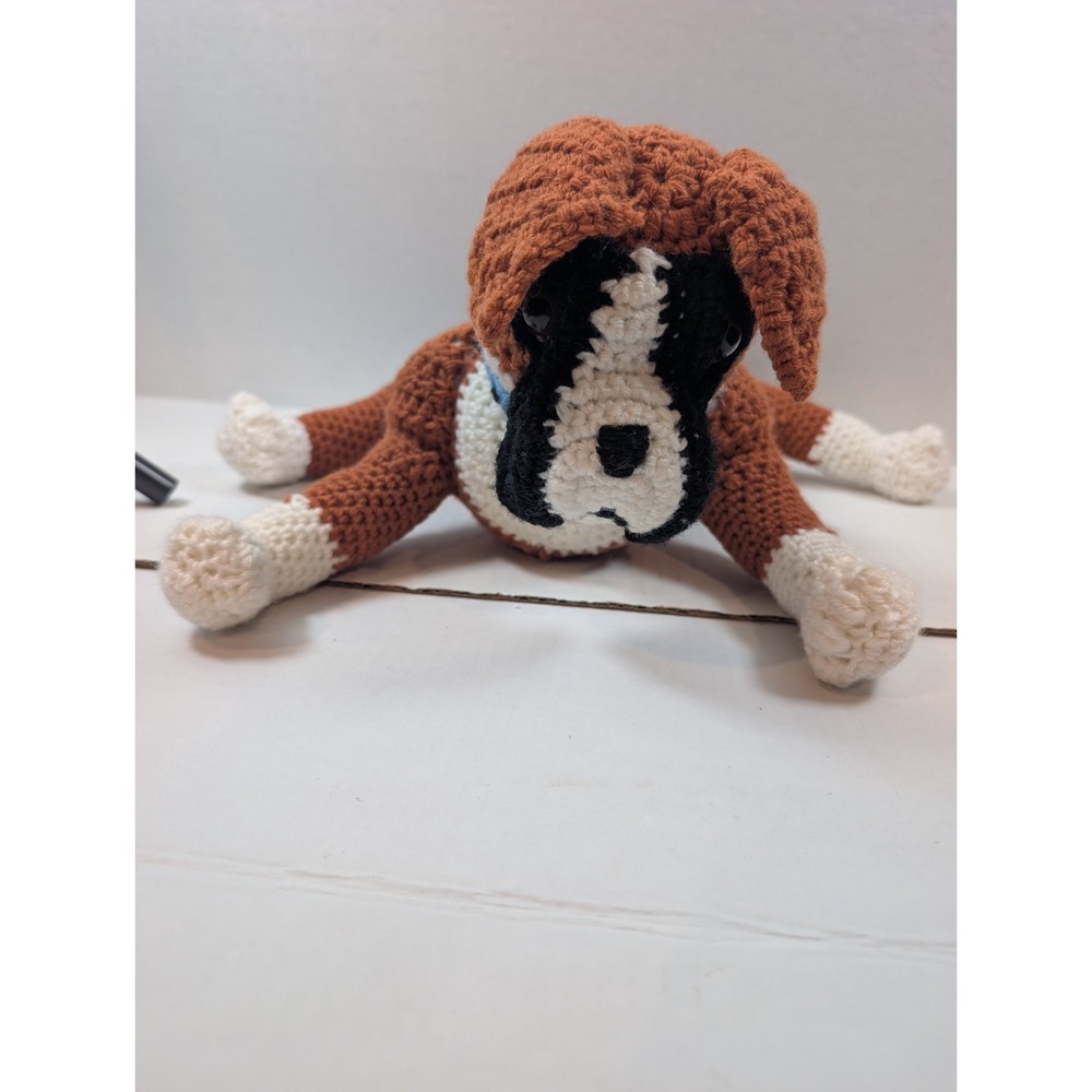 Handmade Crochet Bulldog Plush Brown Cream Blue Collar Stuffed Dog 11"